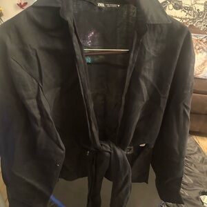 Zara Black Women's tie front collared shirt medium